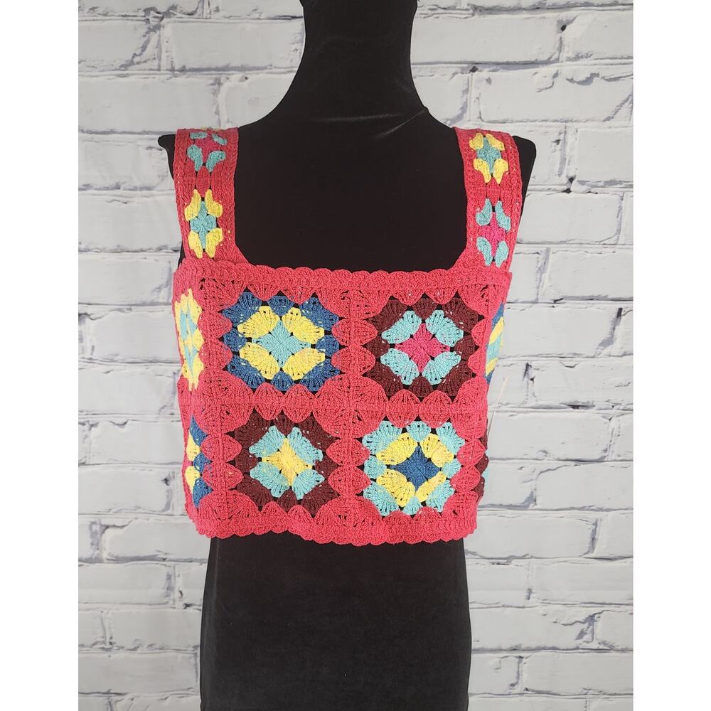 Witty Fox Top Women's S Crocheted Hippie Boho Cropped colorful fun festival 70's
